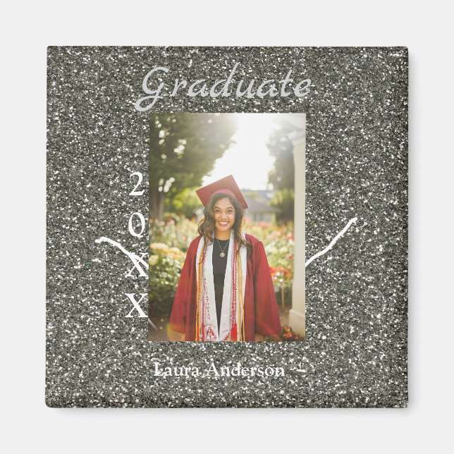 Silverglitter Foto Abschluss hinzufügen Namensklas Magnet (Vorne)