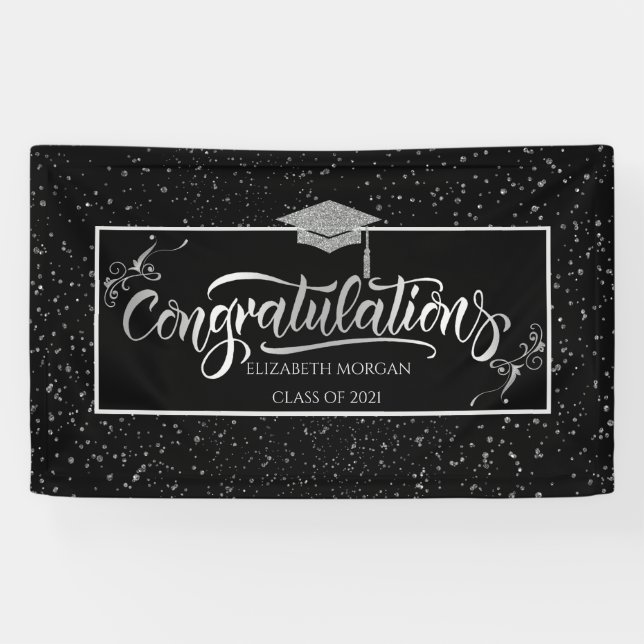 SilverGlitter Graduate Cap, Confetti Black Banner (Horizontal)