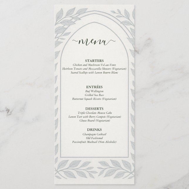 Silverleaf Elven Wedding - Leaf Border Wedding Menükarte (Vorderseite)