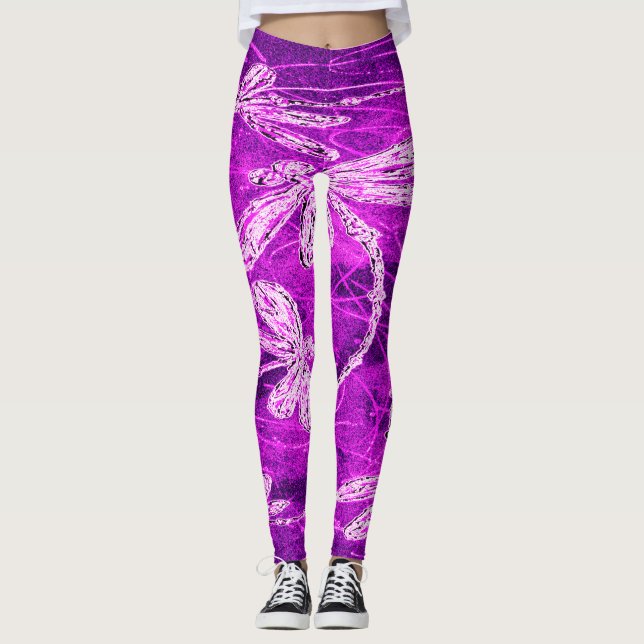 Silvery Dragonfliegen auf einem Zaubermagenta Sky Leggings (Vorderseite)