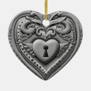 Silvery Heart Lock Keramikornament