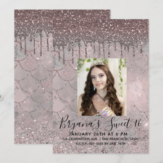 Silvery Pink Rose Gold Glitzer Tropfen Sweet 16 Fo Einladung