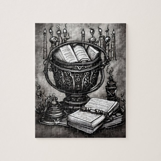 Silvery Steampunk Cauldron Spellbooks und Tränke Puzzle (Vertikal)