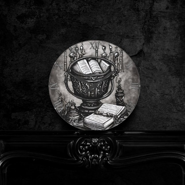 Silvery Steampunk Cauldron Spellbooks und Tränke Runde Wanduhr (Von Creator hochgeladen)