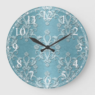 Silvery Teal Floral Damask Design Große Wanduhr