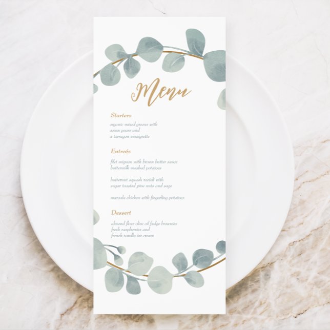 Silvery Watercolor Eucalyptus Wedding Menu Card (Von Creator hochgeladen)