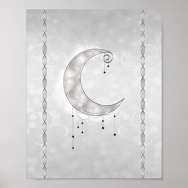 Silvery White Crescent Moon Stars Engagement Party Poster (Vorne)