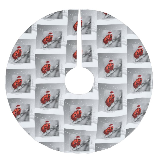 Silvery Winter Szene mit zwei Vogelarten aus Rotem Polyester Weihnachtsbaumdecke (Vorderseite)