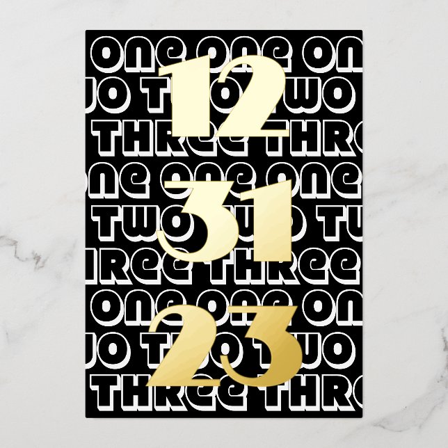 Silvester 2023 Eins Zwei Drei 123123 Schwarz Folieneinladung (Vorderseite)