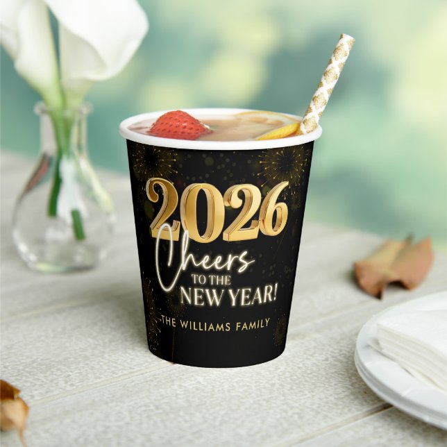 Silvester 2026 Party Gold Glitter Pappbecher (In Situ)