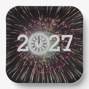 Silvester 2027 Mond und Uhr Pappteller