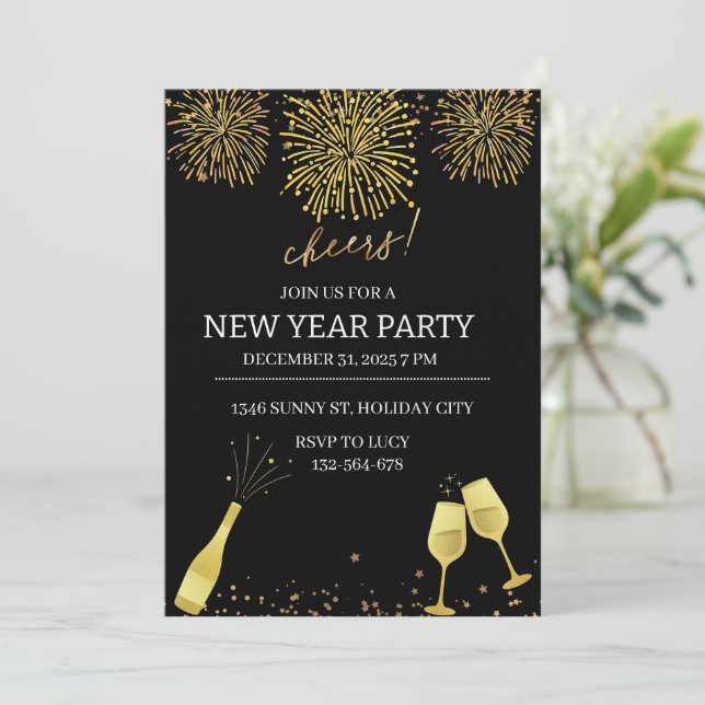 Silvester Champagner Neujahrsparty Einladung (Stehend Vorderseite)