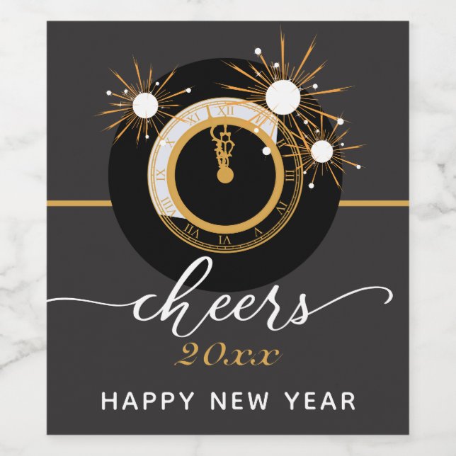 Silvester CHEERS Black & Gold Clock Weinetikett (Einzelnes Label)