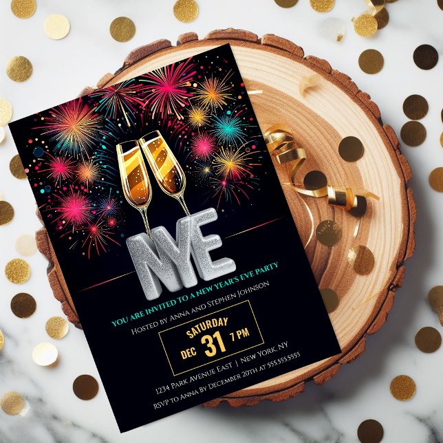 Silvester farbenfrohe Feuerwerke Champagner Einladung (Invite your family and friends to celebrate NYE with this colorful fireworks and champagne invite.)
