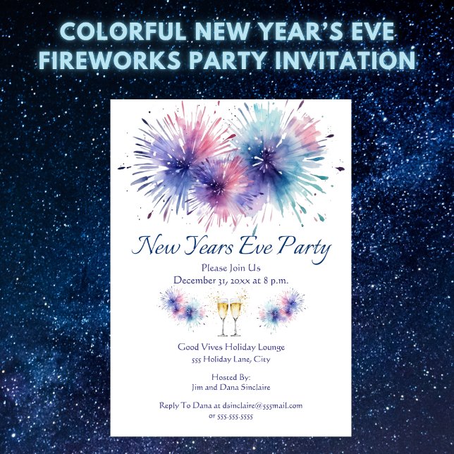 Silvester-Feuerwerksparty Einladung (Colorful New Year’s Eve Fireworks Party Invitation – Easy to Personalize)