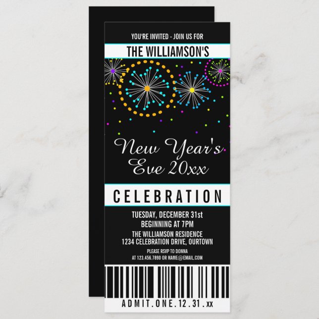 Silvester Fireworks Ticket Style Einladungen (Vorne/Hinten)