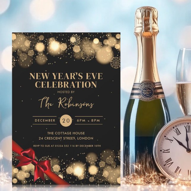Silvester Gold Black Winter Wonder Red Bow Einladung (New Years Eve Gold Black Winter Wonder Red Bow Invitation)