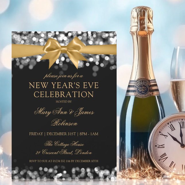 Silvester Gold Silver Shimmer Lights Bow Einladung (New Years Eve Gold Silver Shimmer Lights Bow Invitation)