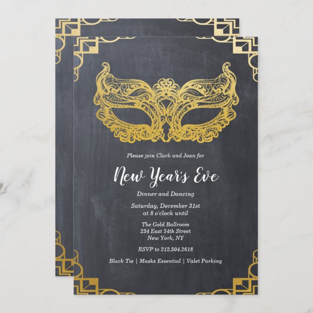 Silvester Goldene Maske Einladung (Vorne/Hinten)