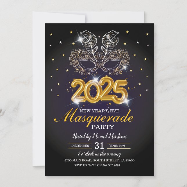 Silvester Masquerade Party Schwarzes Gold Einladung (Vorderseite)