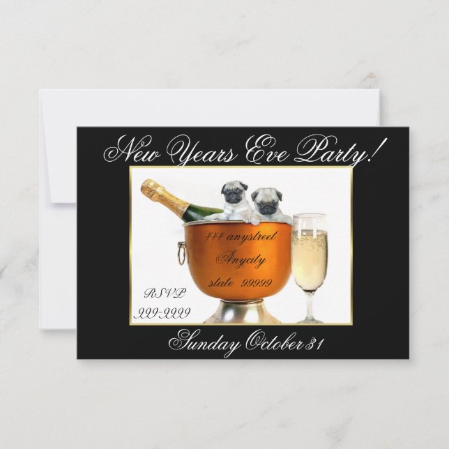 Silvester Mops Hund Party Einladung (Vorderseite)