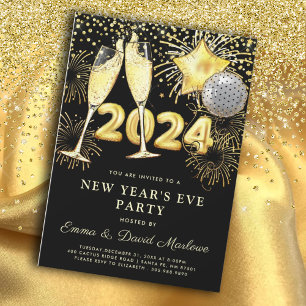 Silvester Party 2024 Gold Glitzer auf Schwarz Einladung