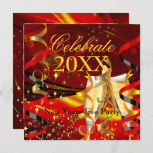 Silvester Party Celebration Champagne Red Gold Einladung
