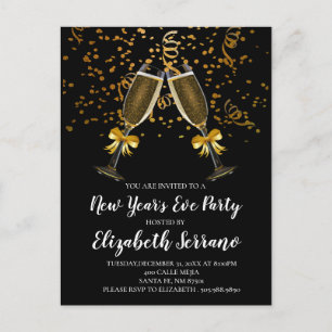 Silvester Party Champagner Brillen Gold Black Einladungspostkarte