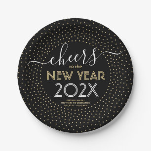 Silvester Party Cheers Black and Gold Confetti Pappteller