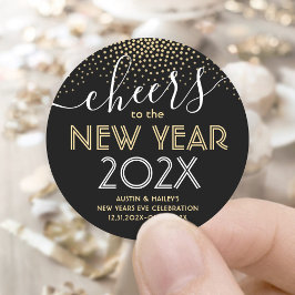 Silvester Party Cheers Black and Gold Confetti Runder Aufkleber