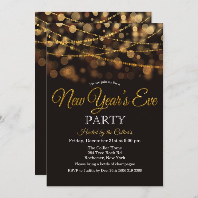 Silvester Party Glitzer Lights Einladung (Vorne/Hinten)