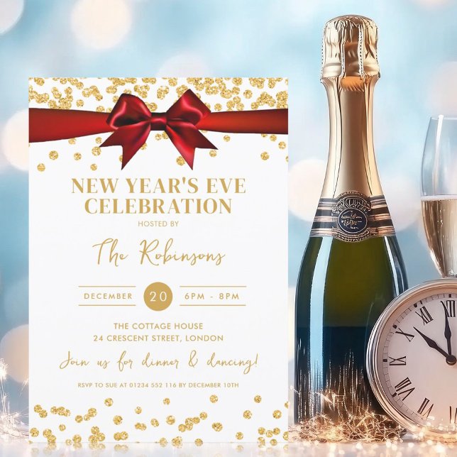 Silvester Party Gold Glitzer Confetti Red Bow Einladung (New Years Eve Party Gold Glitter Confetti Red Bow Invitation)