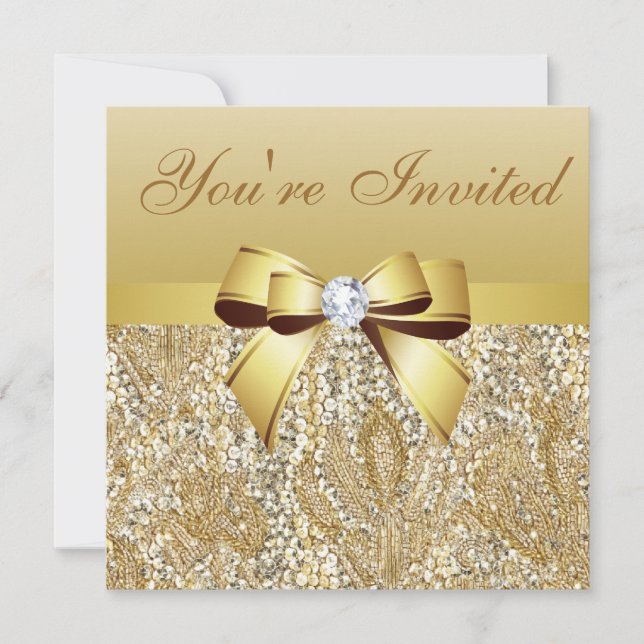 Silvester Party Gold Sequins & Bow Einladung (Vorderseite)