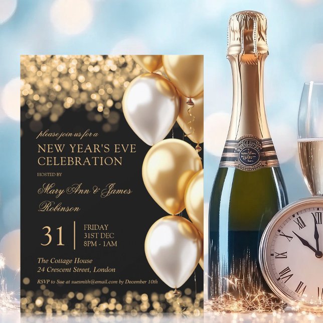 Silvester Party Gold Shimmer Lights Balloons Einladung (New Years Eve Party Gold Shimmer Lights Balloons Invitation)