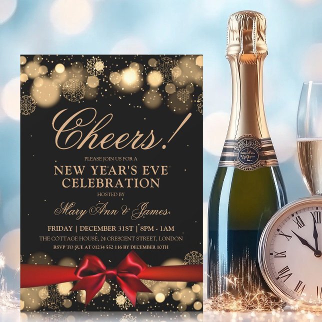 Silvester Party Gold Winter Wonder Red Bow Einladung (New Years Eve Party Gold Winter Wonder Red Bow Invitation)