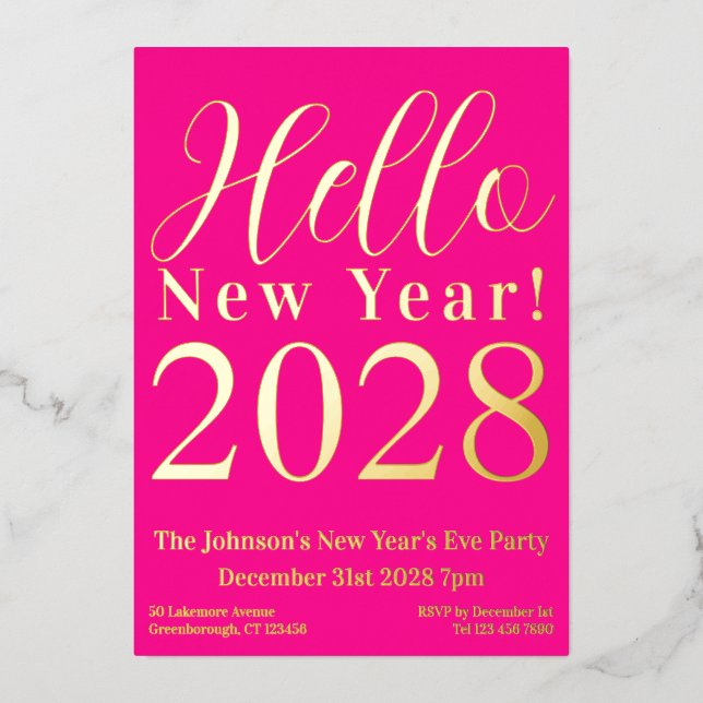 Silvester Party Hot Pink Real Gold Folieneinladung (Vorderseite)