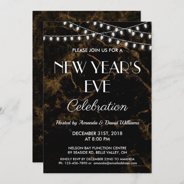 Silvester Party Lights Gold Black Marble Einladung (Vorne/Hinten)