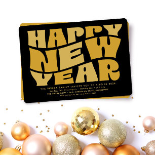 Silvester Party Spaß trendiger Retro-Schwarz-Gold Einladung