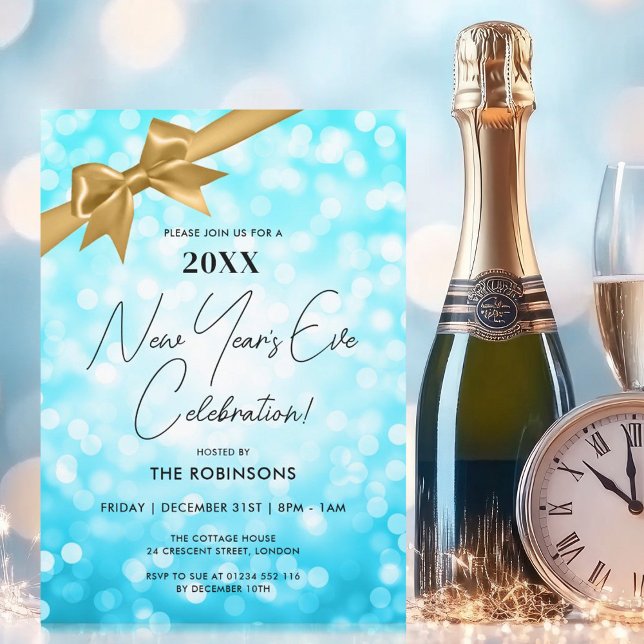 Silvester Party Turquoise Bokeh Gold Bow Einladung (New Years Eve Party Turquoise Bokeh Gold Bow Invitation)