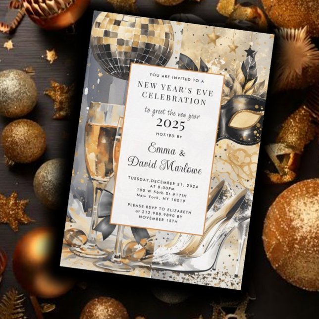 Silvester Party Watercolor Gold Glitzer Einladung (Von Creator hochgeladen)