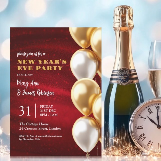 Silvester Red Gold Shimmersequenzen Balloons Einladung (New Years Eve Red Gold Shimmering Sequins Balloons Invitation)