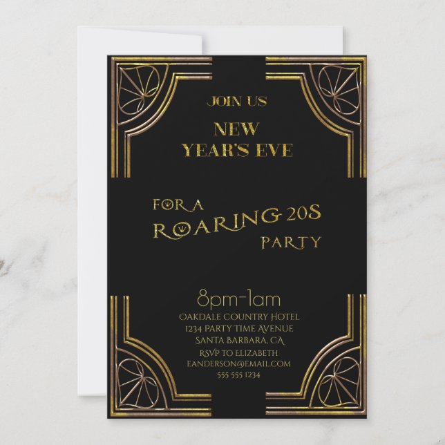 Silvester Roaring 20er Black Gold Glitzer Einladung (Vorderseite)