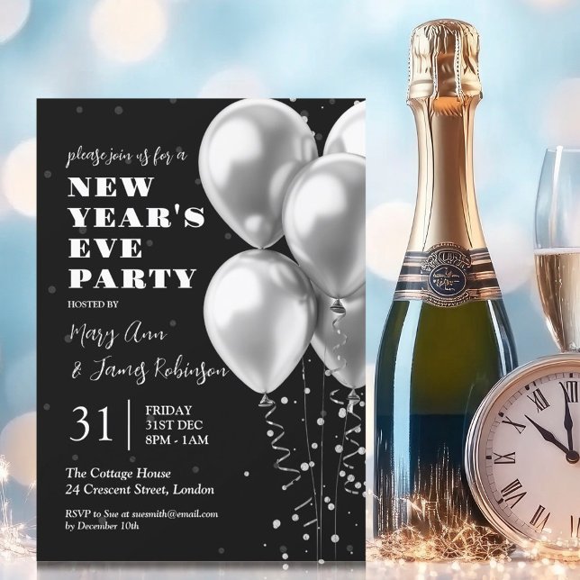 Silvester Silver Confetti Balloons Black Einladung (New Years Eve Silver Confetti Balloons Black Invitation)