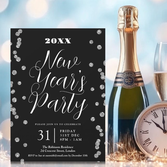 Silvester Silver Glitzer Confetti Black Einladung (New Years Eve Silver Glitter Confetti Black Invitation)