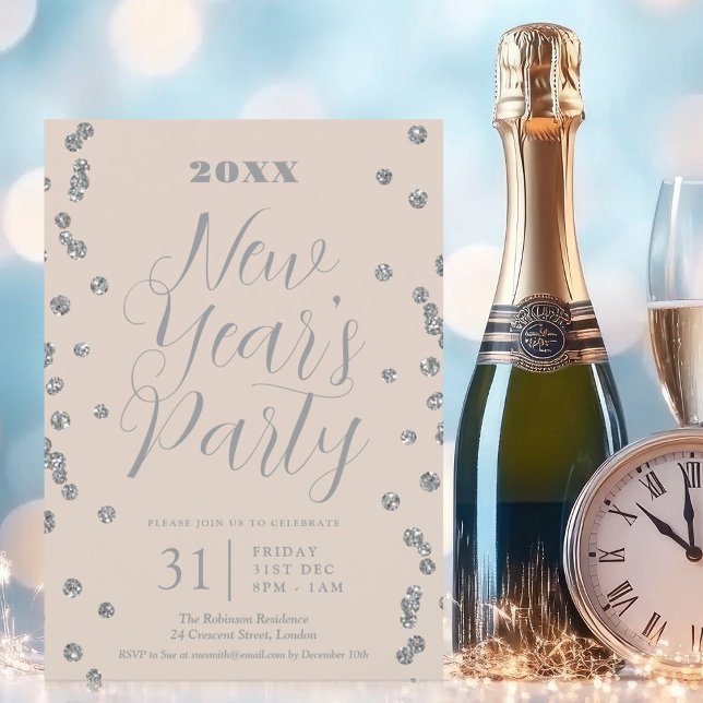 Silvester Silver Glitzer Confetti Champagne Einladung (New Years Eve Silver Glitter Confetti Champagne Invitation)