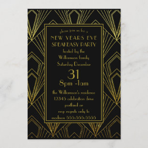 Silvester Speakeasy-Party Schwarz Gold Art Deco Einladung