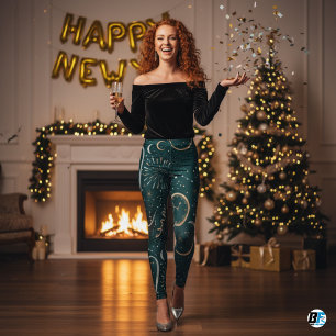 Silvesterfeier Dunkel Türkis & Gold Uhr Leggings