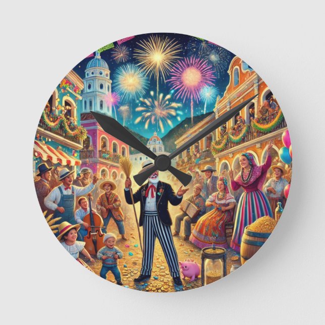 Silvesterfeier El Año Viejo Runde Wanduhr (Vorderseite)