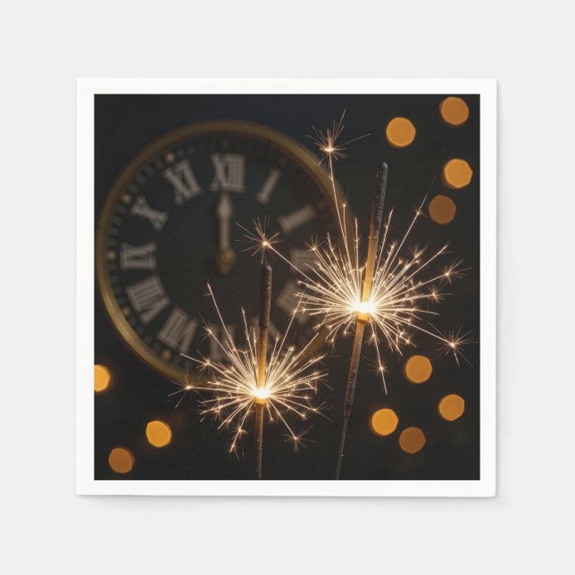Silvesterfeuerwerk auf einer Mitternachtsuhr Serviette (Vorderseite)