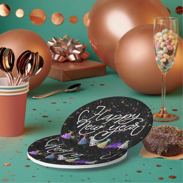 Silvesterhüte und Konfetti Neujahr Pappteller (Multi)